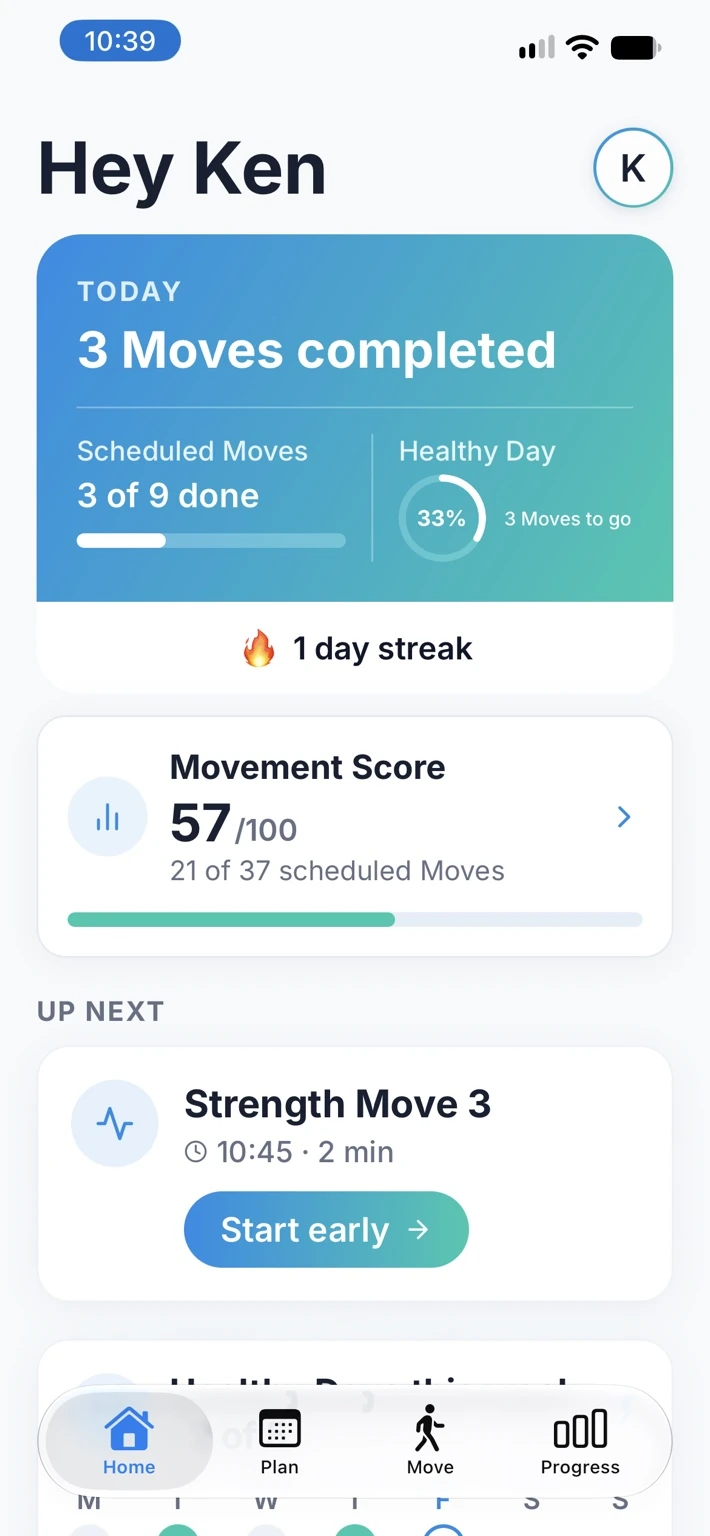 VAVIVA Home dashboard showing 3 Moves completed, Healthy Day and Movement Score