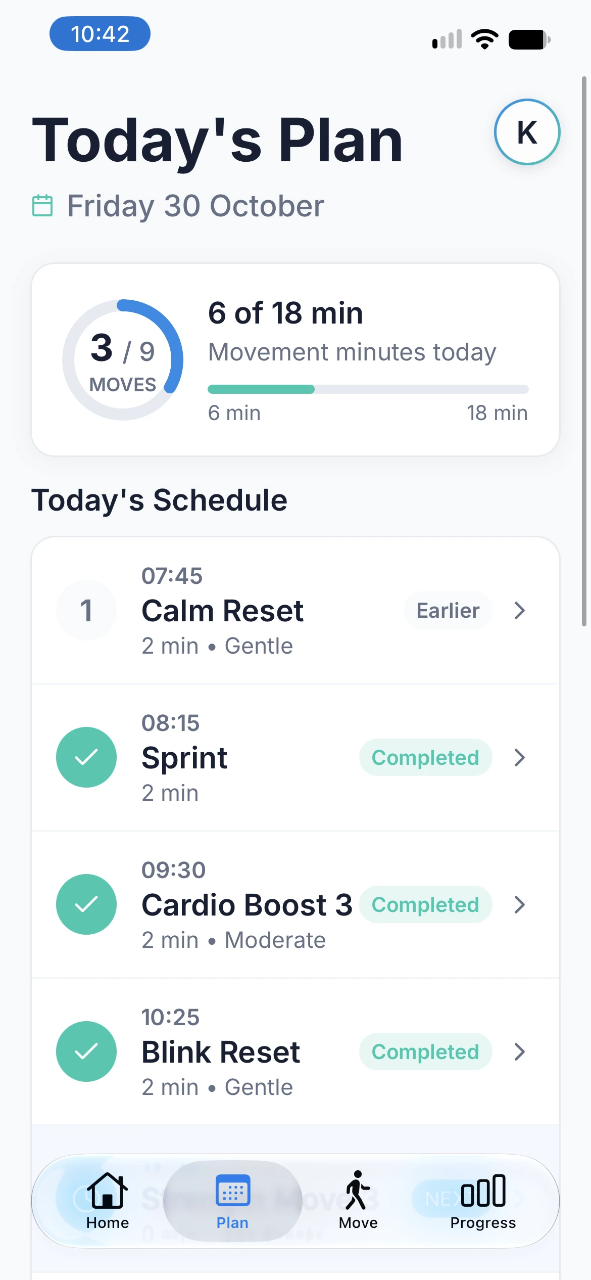 VAVIVA Today’s Plan with scheduled movement breaks