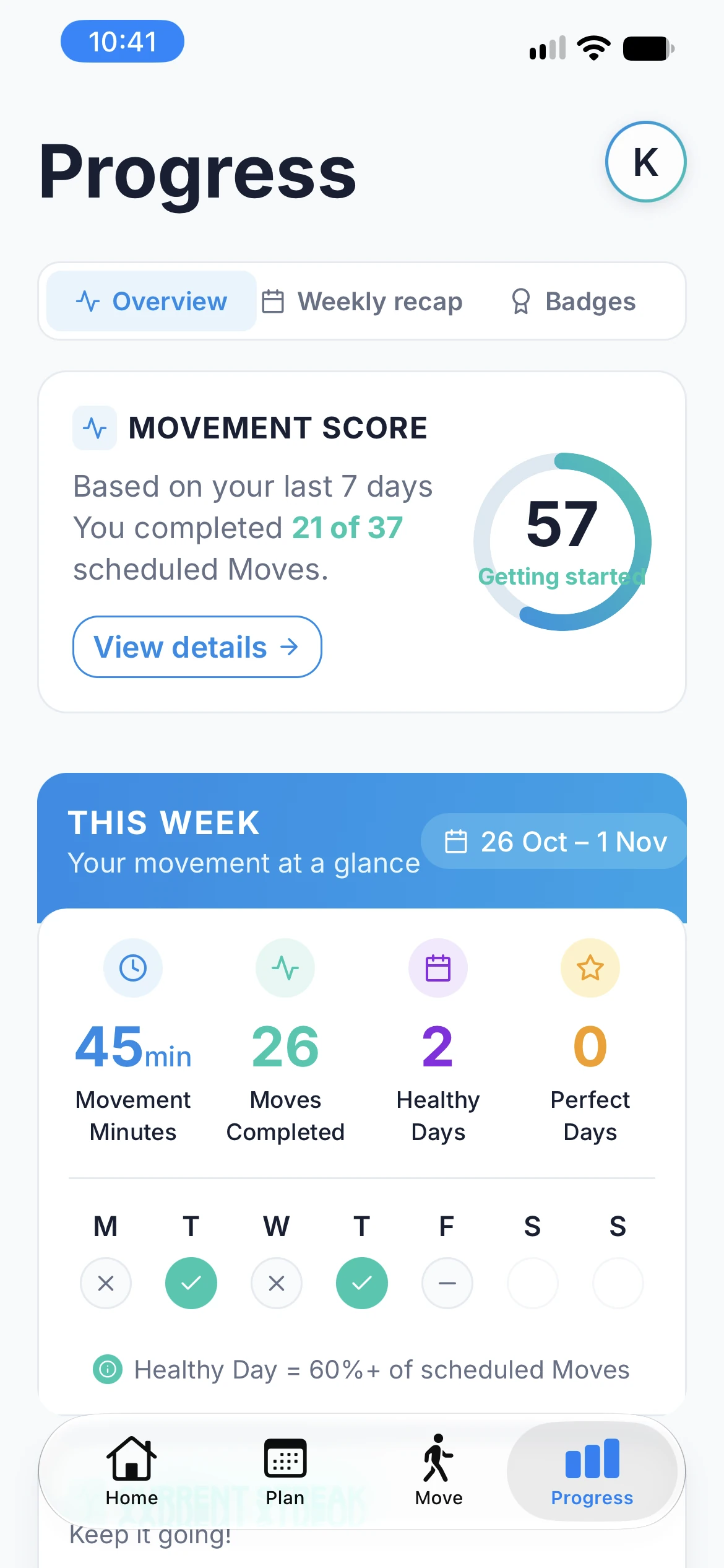 VAVIVA progress overview showing movement history
