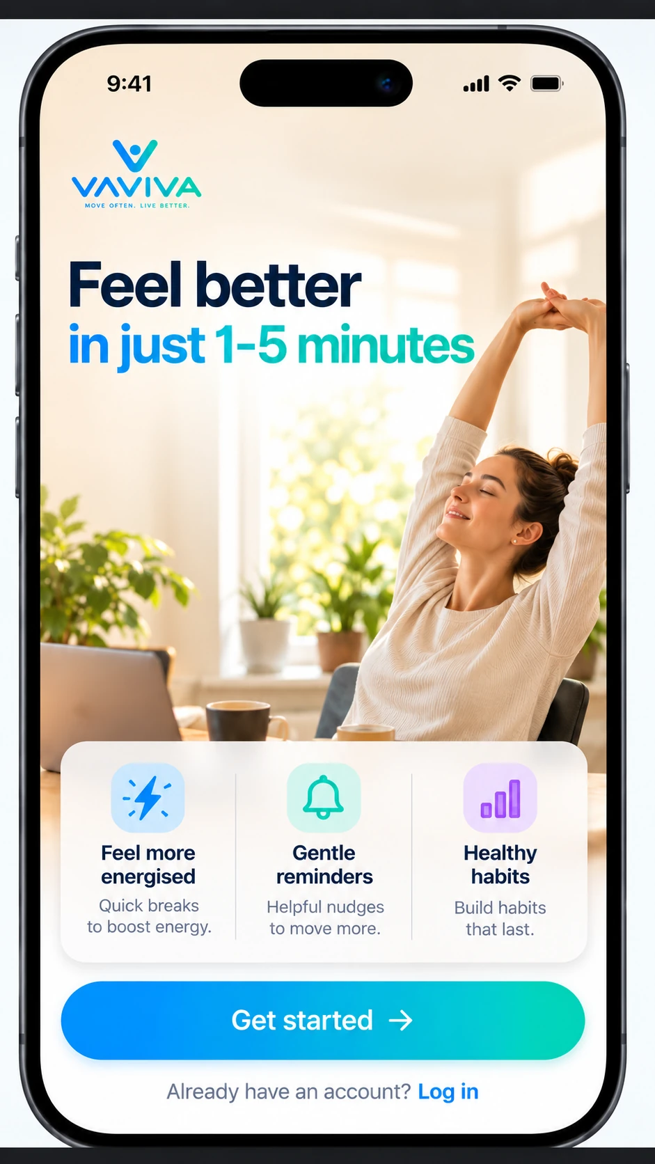 Original VAVIVA welcome screen with its existing “Feel better in just 1–5 minutes” headline